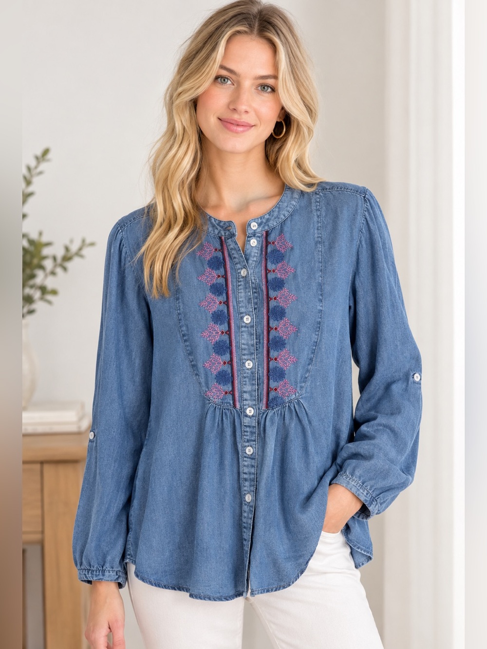 Ruby Rd. Blue Chambray Button-Front Shirt with Pink & Navy Embroidery Size L